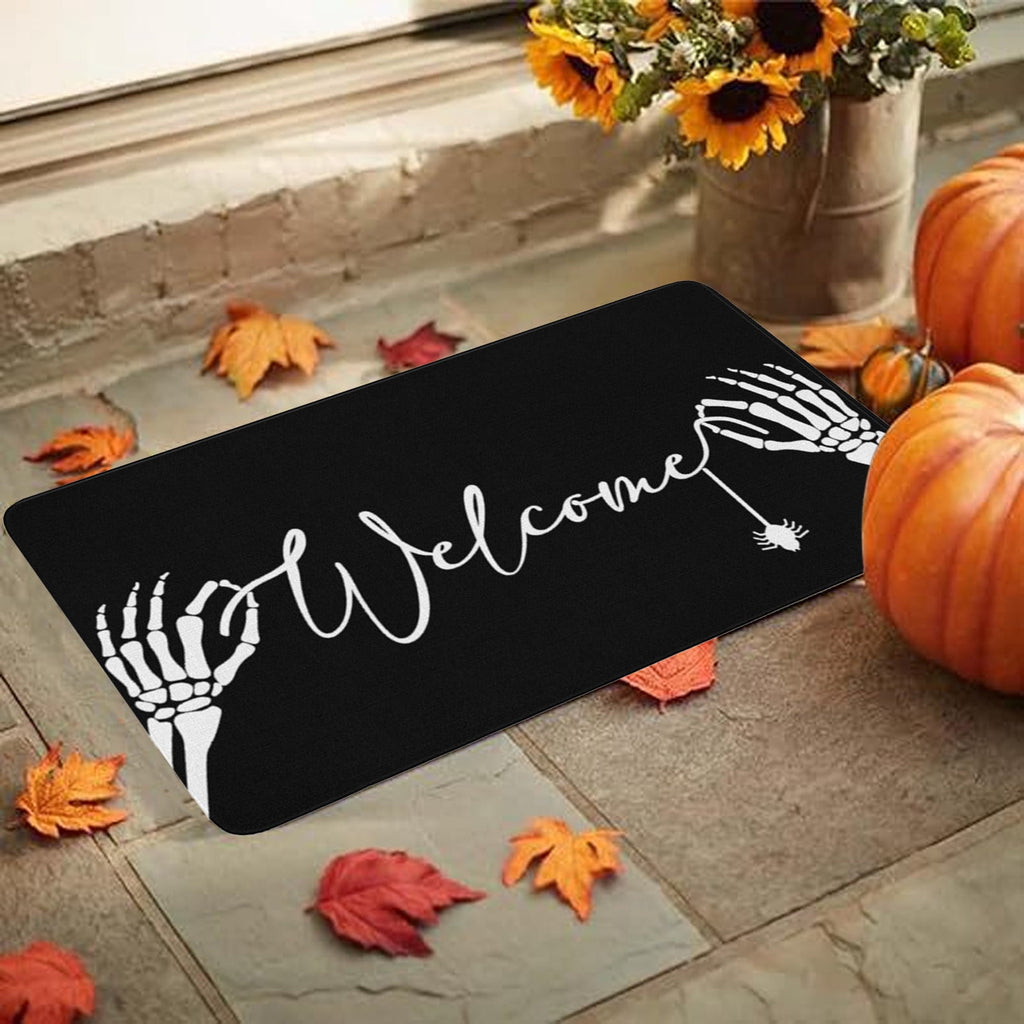 Orange Plaid Fall Outdoor Mat, Hand-Woven Porch Rug for Thanksgiving Halloween Door Decor
