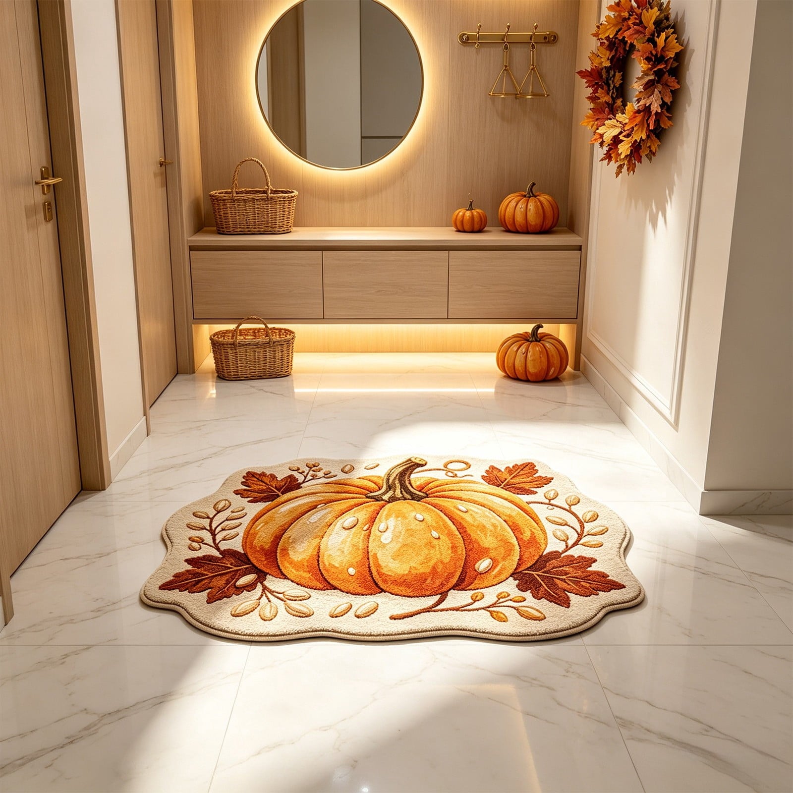 Fall Area Rug Maple Leaf Pumpkin Imitation Wool Mat 27.56x27.56in Polyester Skidproof & Soft for Living Room Bedroom Entryway Fall Doormat by MPOISVA