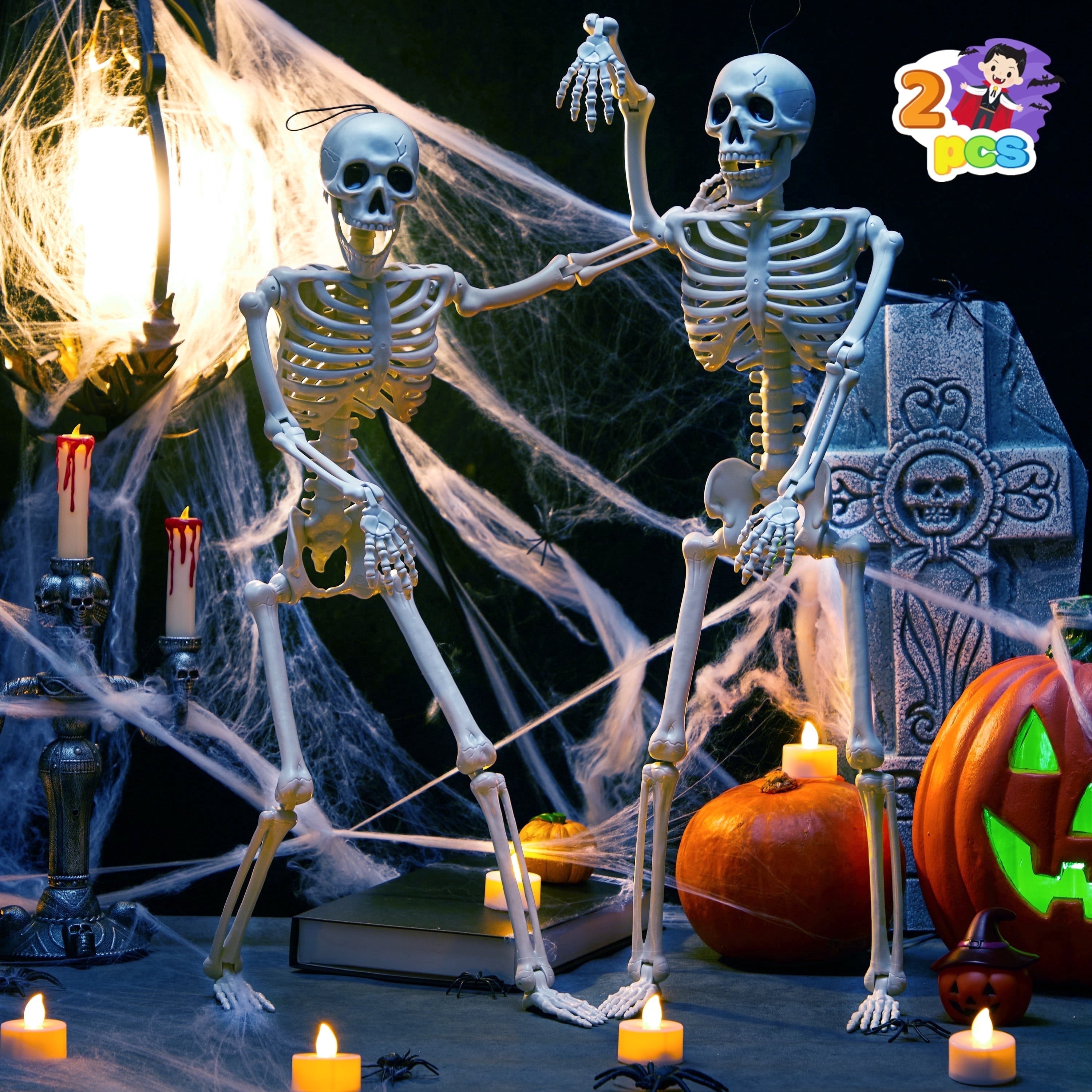 Joyfy 24 Inch Halloween Skeleton Decor with LED Light Eyes,Posable Skeleton Halloween Prop Full Body with Movable Joints for Haunted House Indoor Outdoor Decoration Spooky Decor