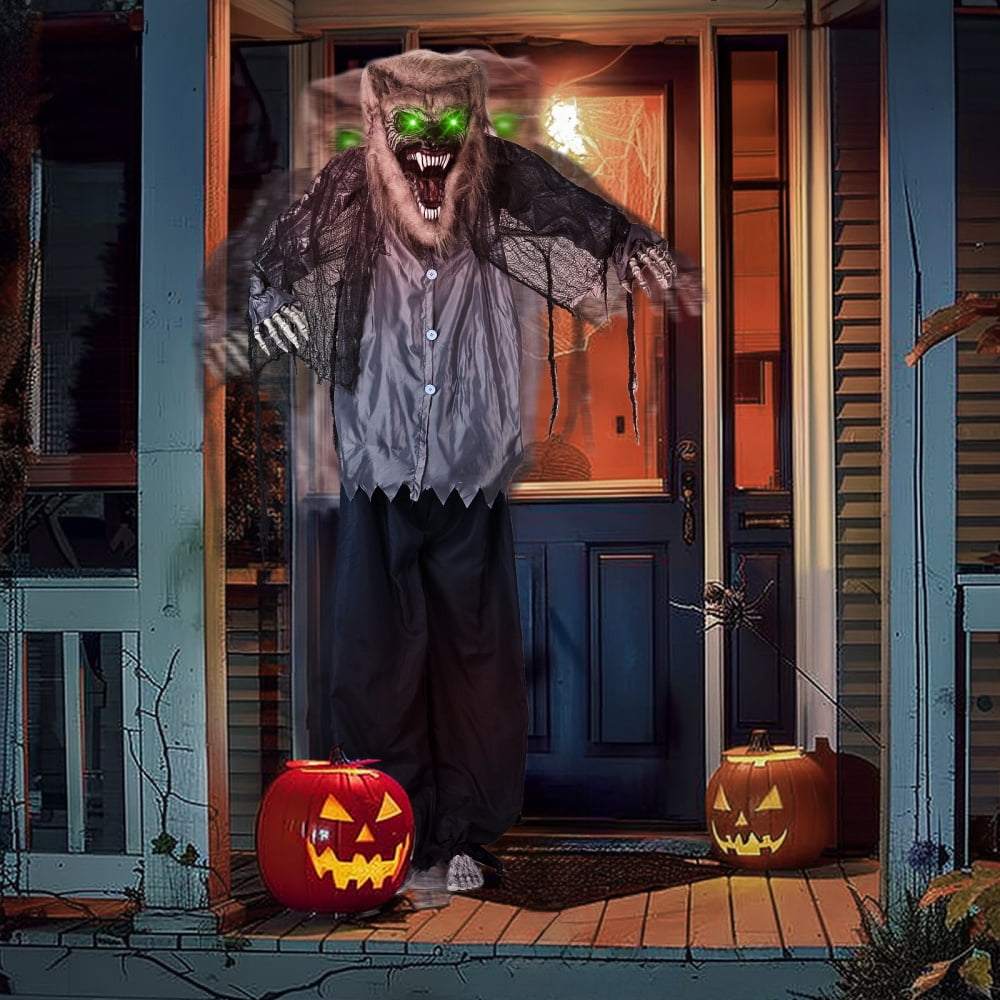 6.9ft Animated Hanging Werewolf - with Glowing Eyes and Creepy Howling Sound Halloween Decorations, Outdoor Haunted House Prop Decor, Grey
