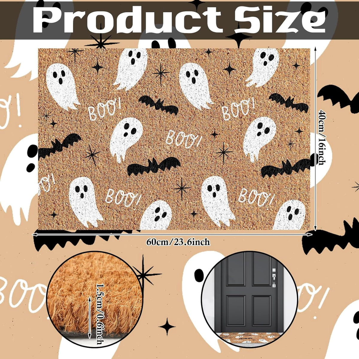 Jinswick Halloween Doormat Coir Ghost Welcome Doormat Funny Halloween Boo Bat Door Mat with Anti-Slip Rubber Non Slip Floor Mat for Indoor Front Door Entrance Decor, 16 x 24 Inch(Amusing)