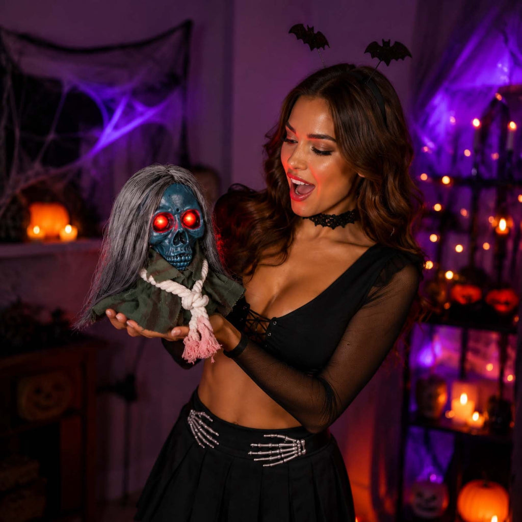 Animated Walking Skull Head with Light-Up Red Eyes Creepy Moving Halloween Prop with Long Grey Hair Horror Music Motorized Resin Decoration for Party Yard Indoor Outdoor Spooky Decor Gift