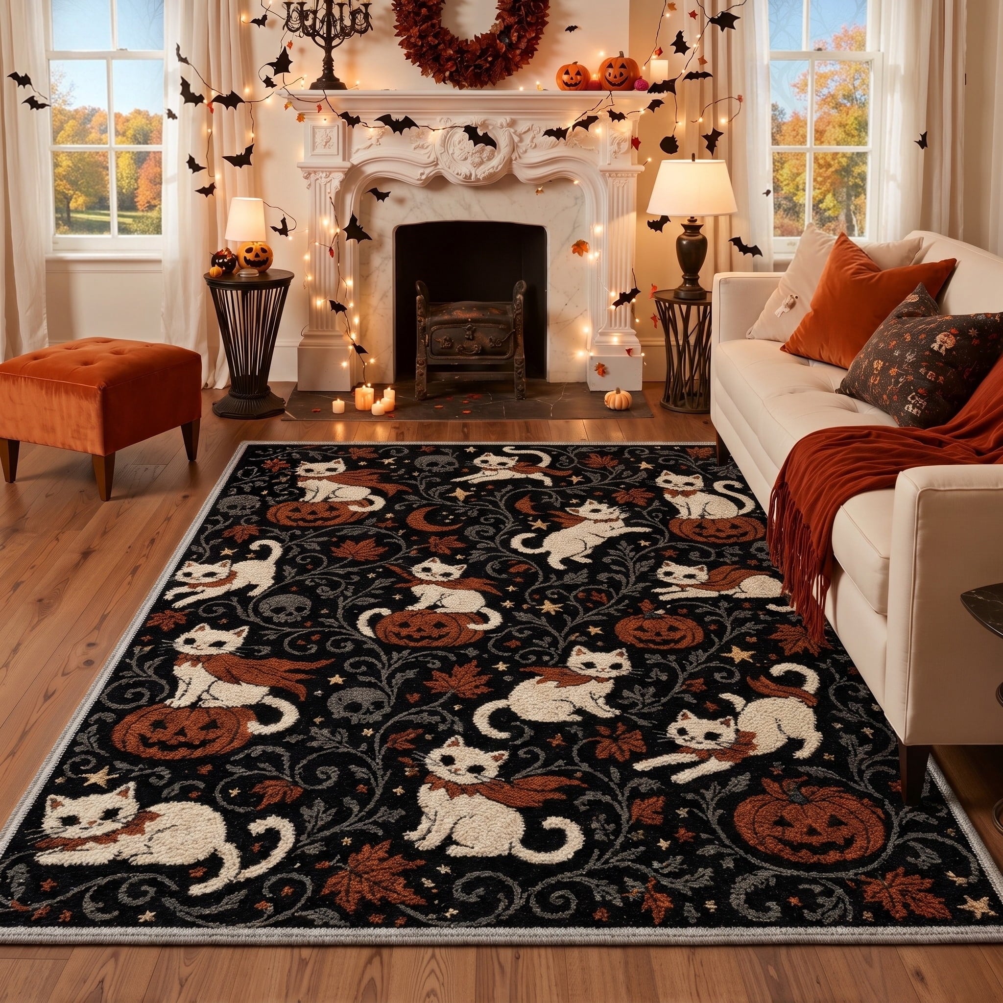 GENIMO 2'x3' Halloween Doormat, Washable Non Slip Soft Whimsical Cat Outdoor Door Mat for Front Door Covered Porch Patio Entryway, Vintage Black