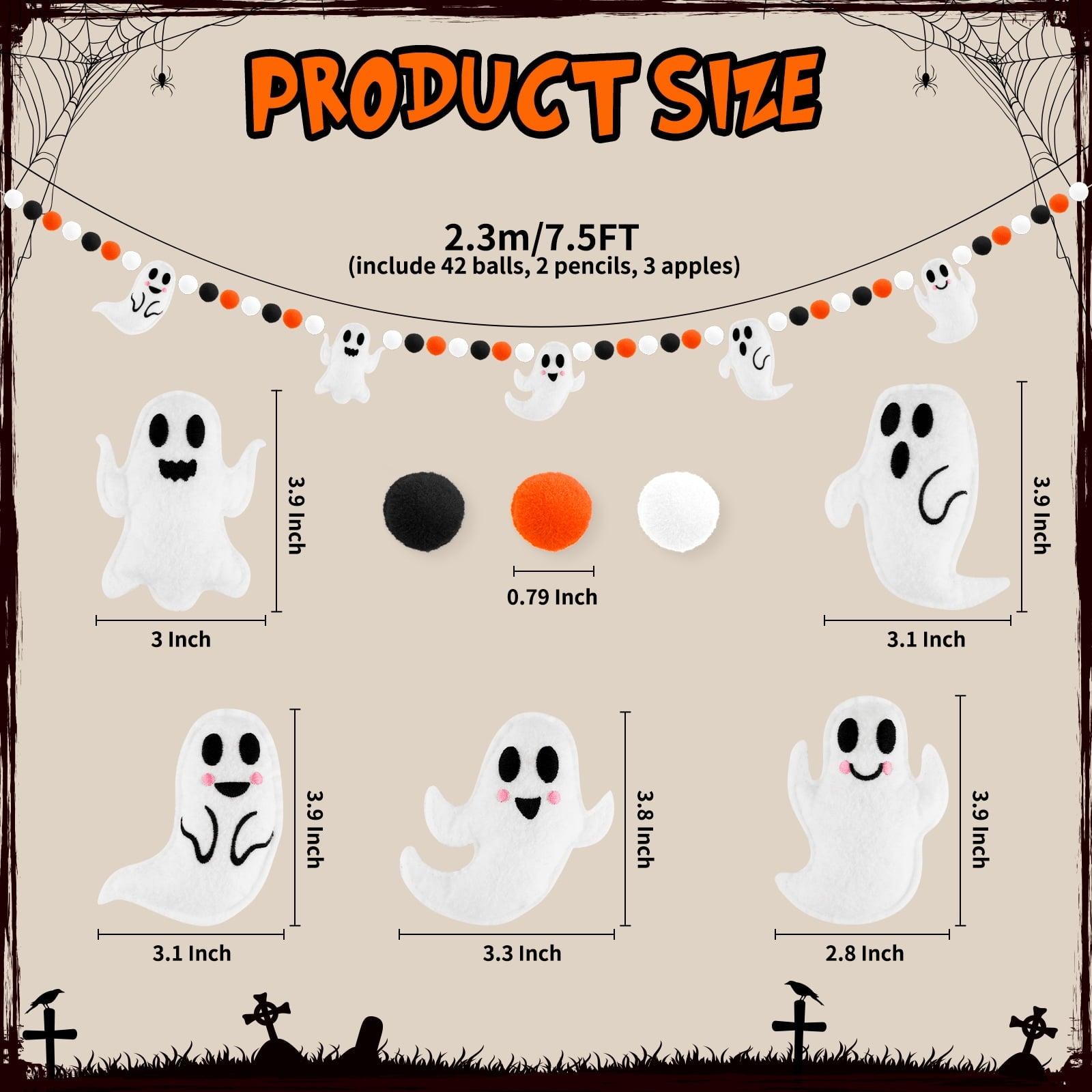 YIBAGA Halloween Garland Banner 6.6Ft Wool Felt Ghosts Ball Haunted Houses Decors Party Supplies