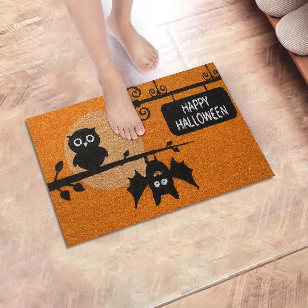 Wovilon Halloween Area Rug Doormat, Black Castle Front Door Mat Non Slip Rubber Backing, Happy Halloween Orange Indoor Outdoor Entrance Mats, Halloween Home Decor Outdoor Rug, 16 X 24 Inches