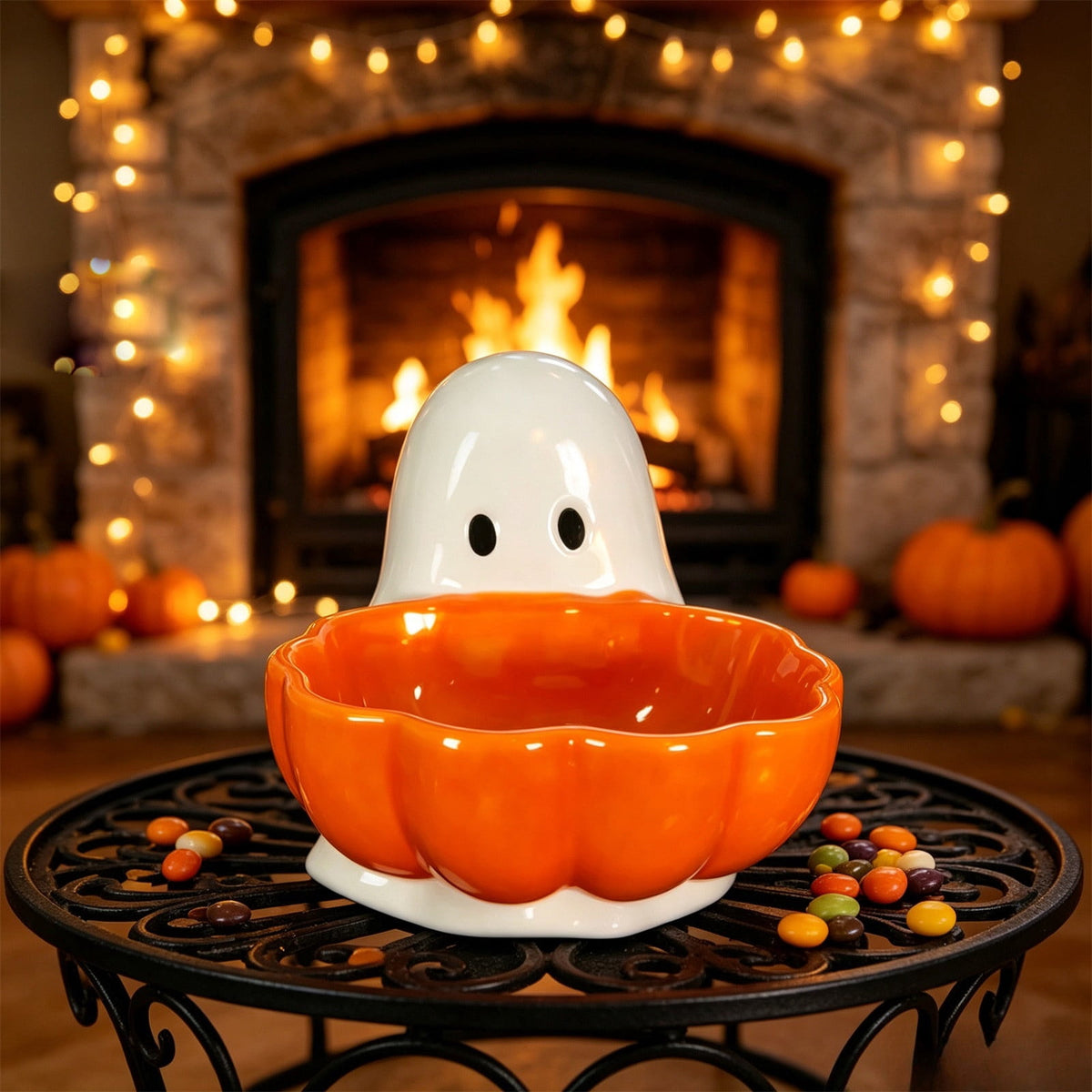 Diceymbol Halloween Pumpkin Snack Bowl Stand Collapsible Broomstick Candy Tray for Cupcakes & Desserts, Resin Serving Platter with Ceramic Pumpkin Bowls