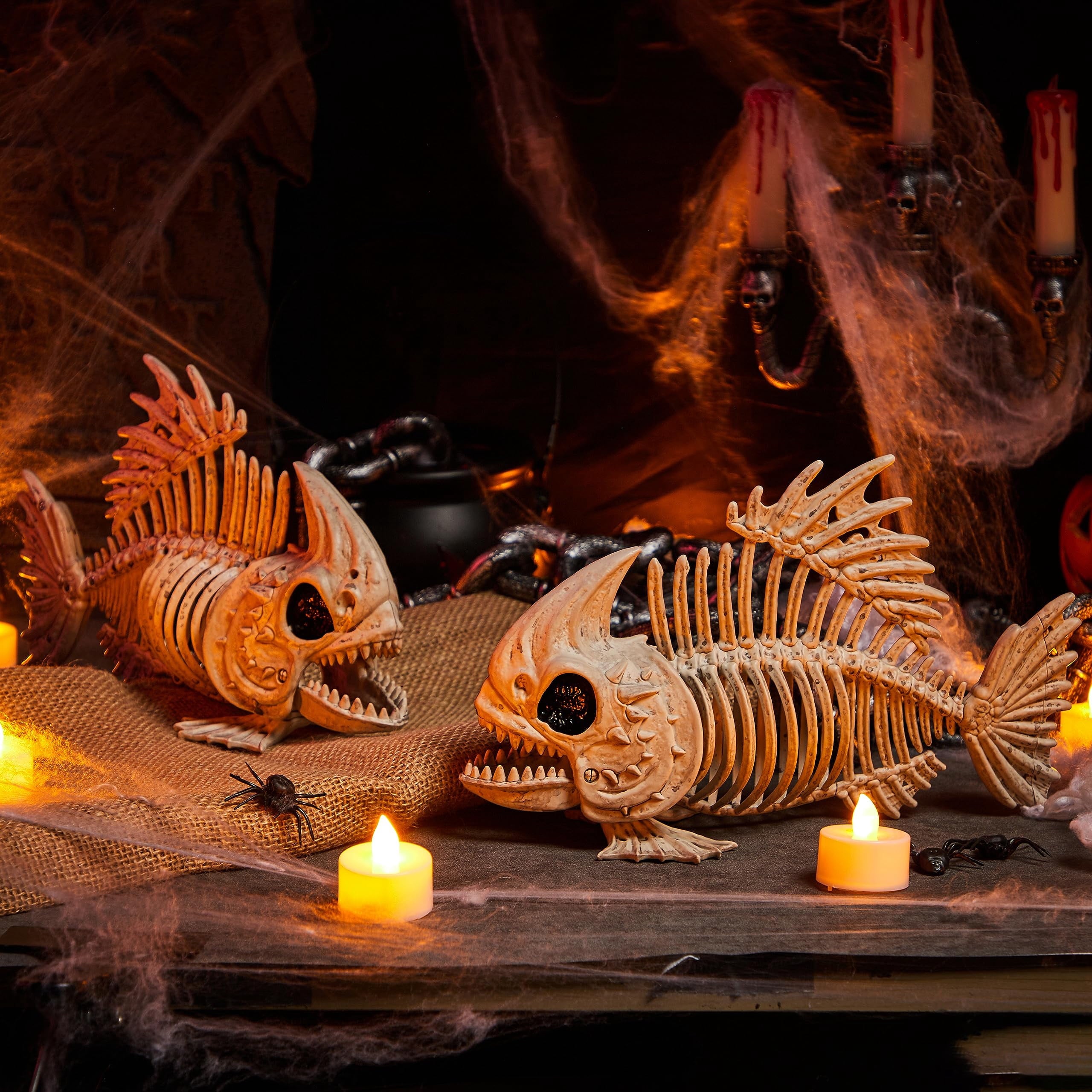 Joyfy Halloween Skeleton Fish Skeleton Halloween Decor,Plastic Skeleton with LED Eye for Halloween Decoration Outdoor Haunted House Party