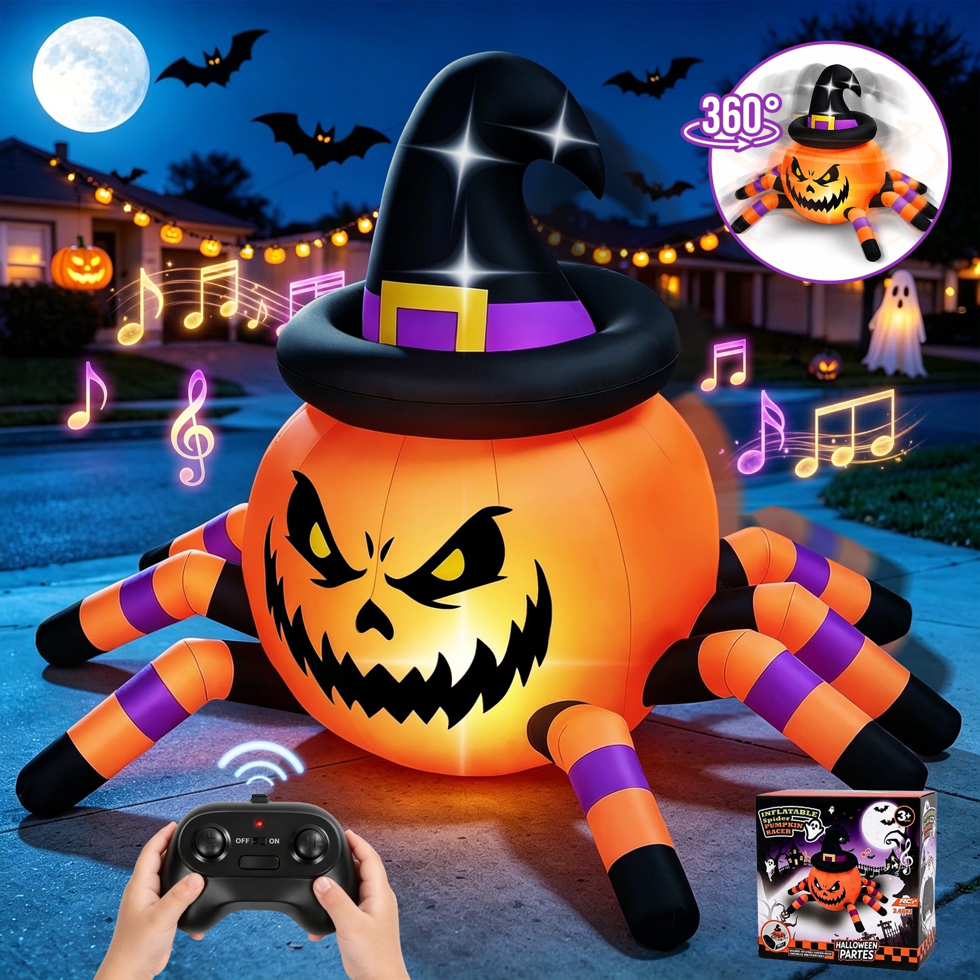 Firstness 2.6ft Remote Control Halloween Inflatable with Music Lights,Pumpkin Spider Car Blow ups Rc Car,Indoor Outdoor Decorations