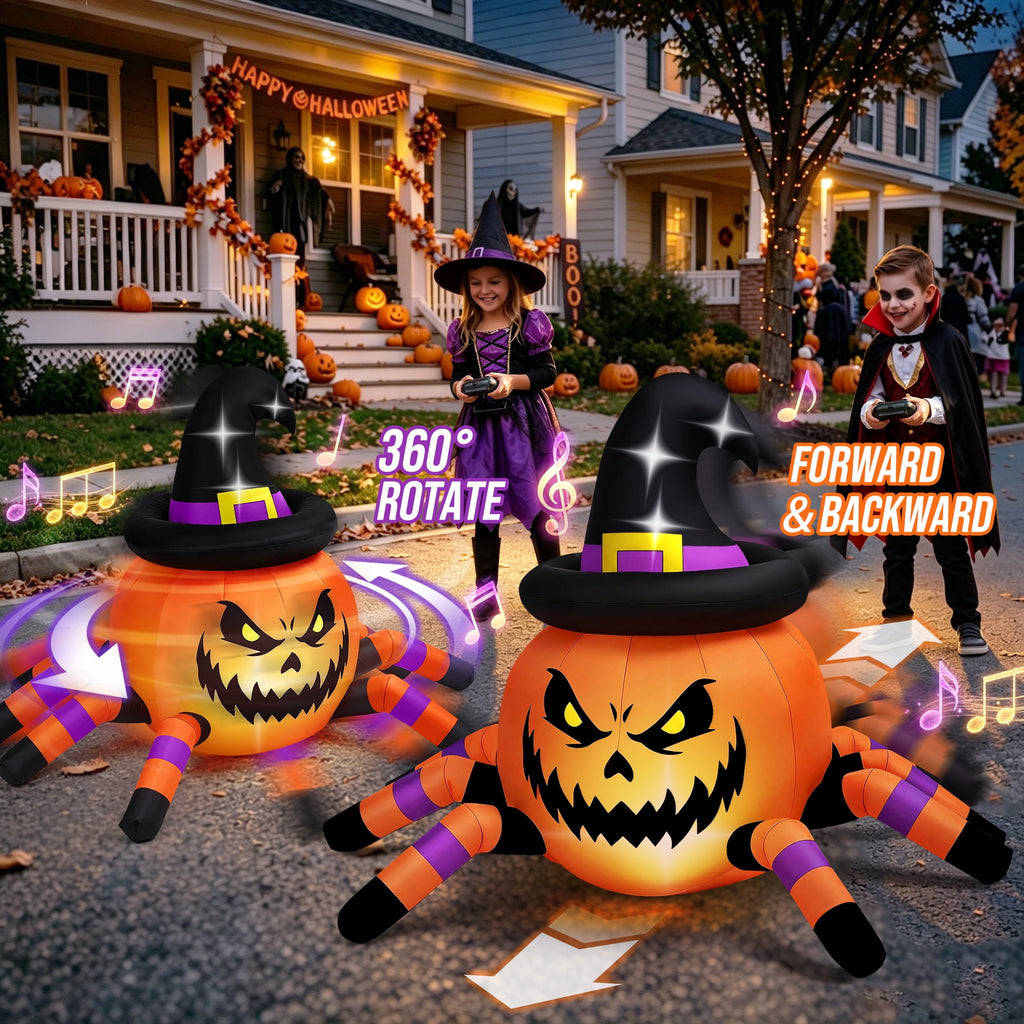 Firstness 2.6ft Halloween Inflatable with Music and Lights,Remote Control Pumpkin Ghost Car,Blow ups Rc Car,Indoor Outdoor,Orange Green