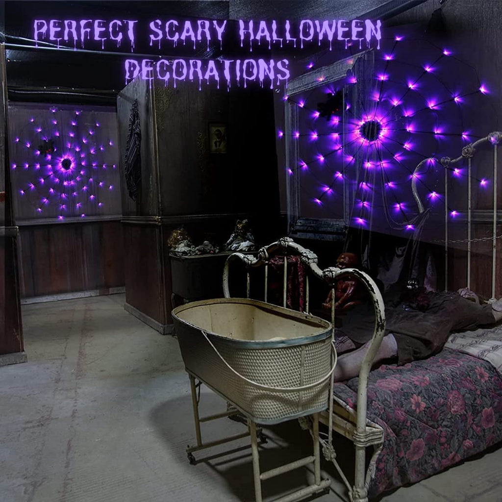 PMMIPNW Halloween Light Spider Web Lights 70 LED, Halloween String Lights Battery Operated with 8 Modes, Retro Haunted for Bedroom, Bar, Haunted House, Wall Halloween Decoration, Purple