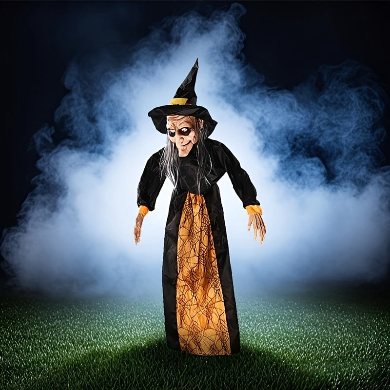 Halloween animated witch with sound and light effects (AAA batteries not included), perfect for haunted house decoration, voice-activated witch party horror hangings, Halloween escape props