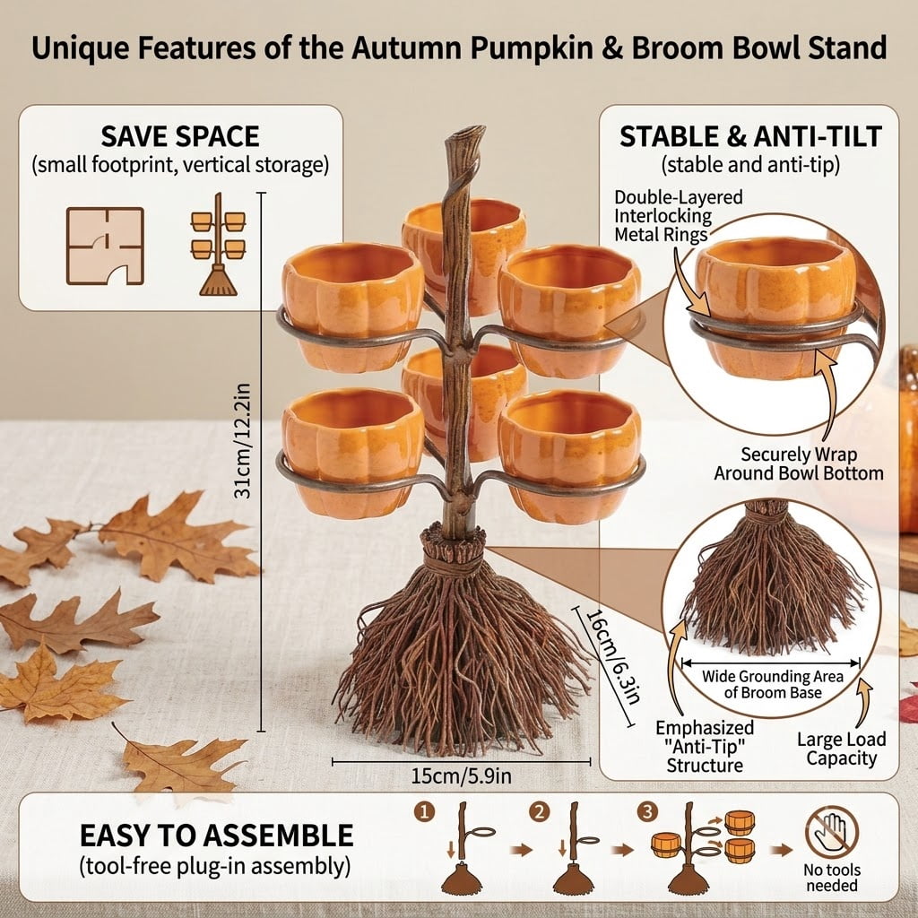 Diceymbol Halloween Pumpkin Snack Bowl Stand Collapsible Broomstick Candy Tray for Cupcakes & Desserts, Resin Serving Platter with Ceramic Pumpkin Bowls