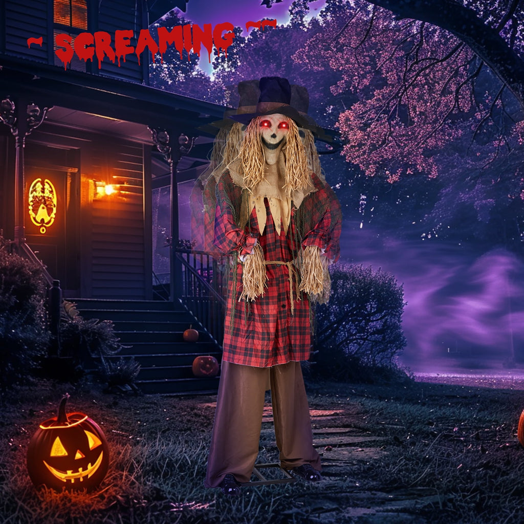 UBesGoo 8ft Animated Halloween Decoration Scarecrow w/ Pre-Recorded Screaming, LED Eyes