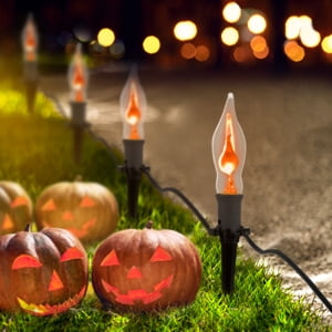 Halloween Lights Flickering Flame String Lights with 12 Pack C7 Orange Flame Light Bulbs (2 Spare), 12.8Ft Orange Flame String Lights for Indoor Outdoor Home Party Yard Halloween Decorations