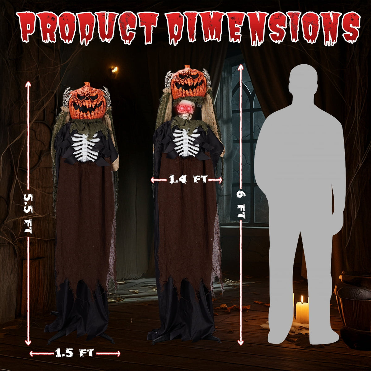 UBesGoo 6' Ghost with The Pumpkin Head Halloween Animated Animatronic Decoration, Halloween Pumpkin Skeleton Outdoors