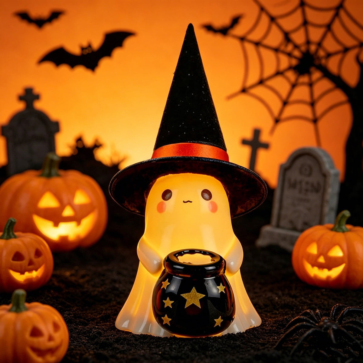 Fwttom Ghost Night Light, Halloween Lights Cute Ghost Reading Book Lamp, Halloween Decorations Indoor Light Up Ghost Statue Ghost Light for House Mantel Bedside