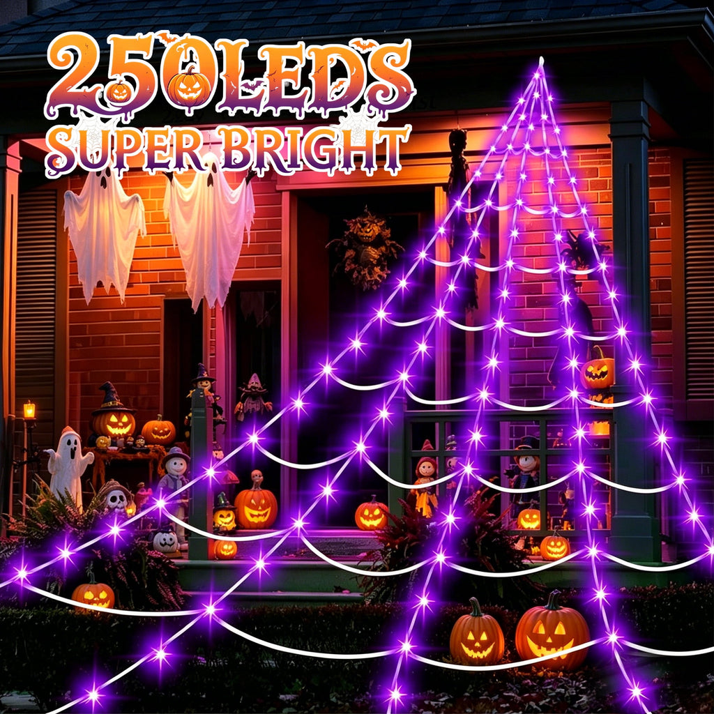 DAYBETTER Halloween Spider Web Lights, 5FT Giant Spider, 250 LED Holiday Lights, Remote Control Waterproof for Indoor Outdoor Yard Party Halloween Decorations (Purple & Orange)