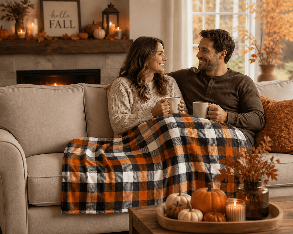 Serafina Home Halloween Throw Blanket: Fuzzy Boo! Jack O'Lantern Spider Webs Skull and Black Cats Print on Velvet Fleece for Sofa Bed Couch Chair Dorm