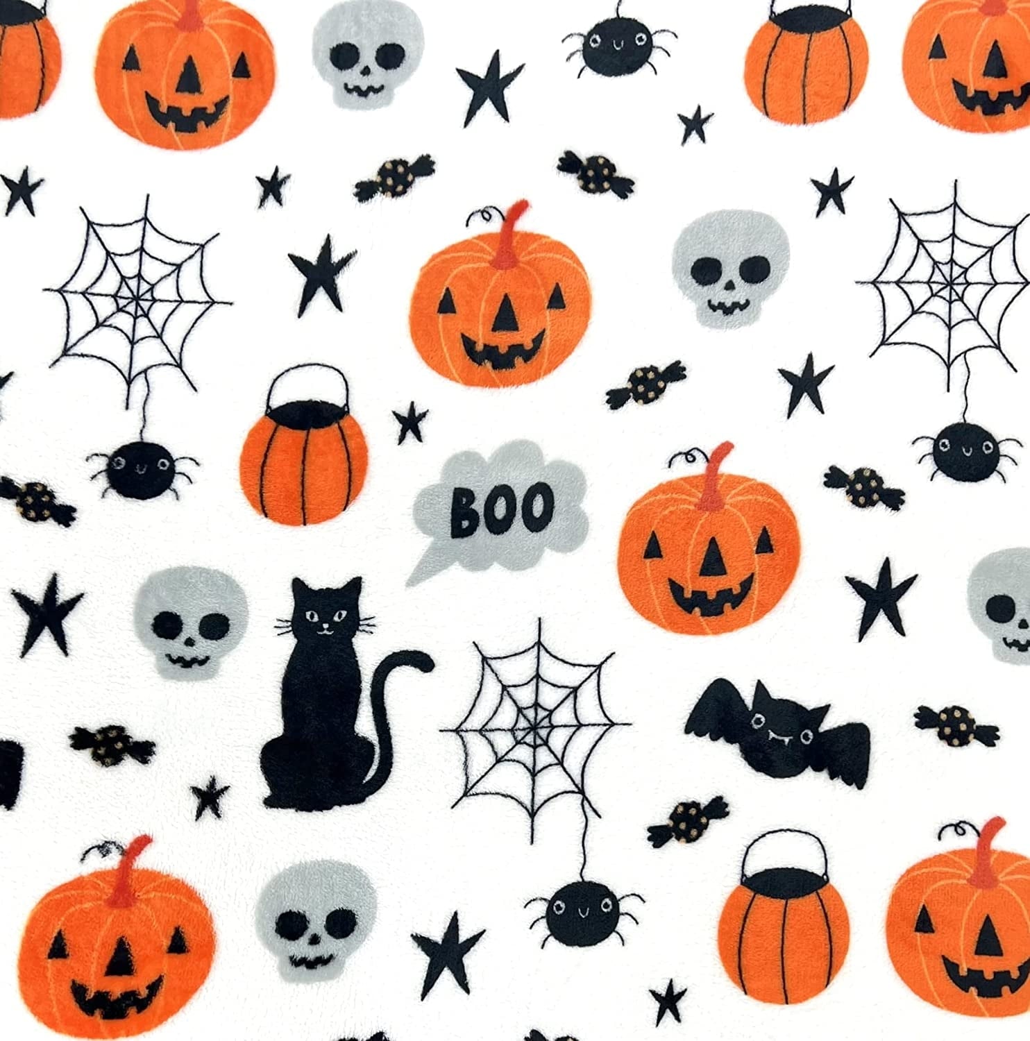 Serafina Home Halloween Throw Blanket: Fuzzy Boo! Jack O'Lantern Spider Webs Skull and Black Cats Print on Velvet Fleece for Sofa Bed Couch Chair Dorm