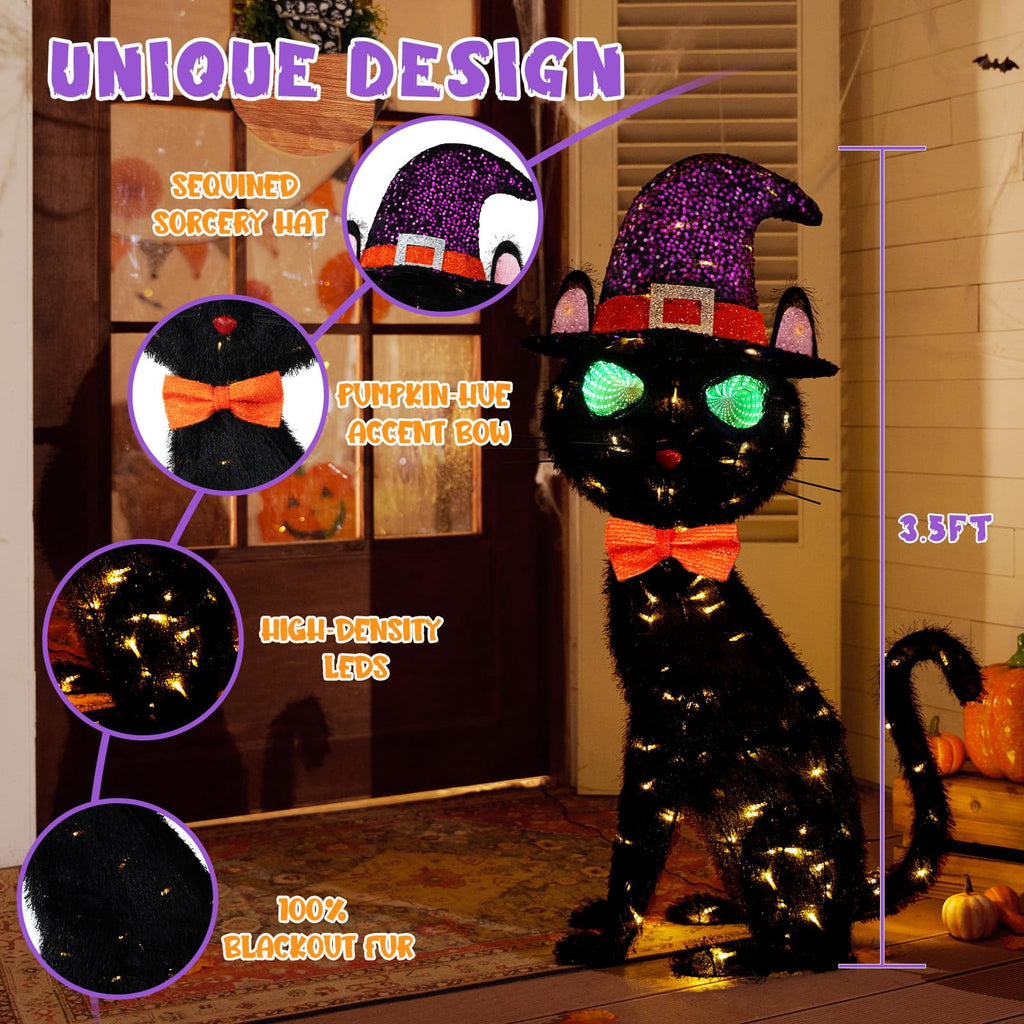 MARACOL 3.5FT Black Cat Halloween Decor, Animated Eyes Scary Halloween Cat Decor with Witch Hat, Light-Up Black Cat with 125 LED for Outdoor Indoor Yard Porch Lawn Garden