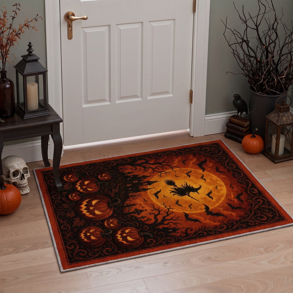 GENIMO 2'x7' Halloween Runner Rug, Washable Non Slip Soft Gothic Raven Indoor Outdoor Hallway Runner for Porch Patio Kitchen Entryway, Rust Orange