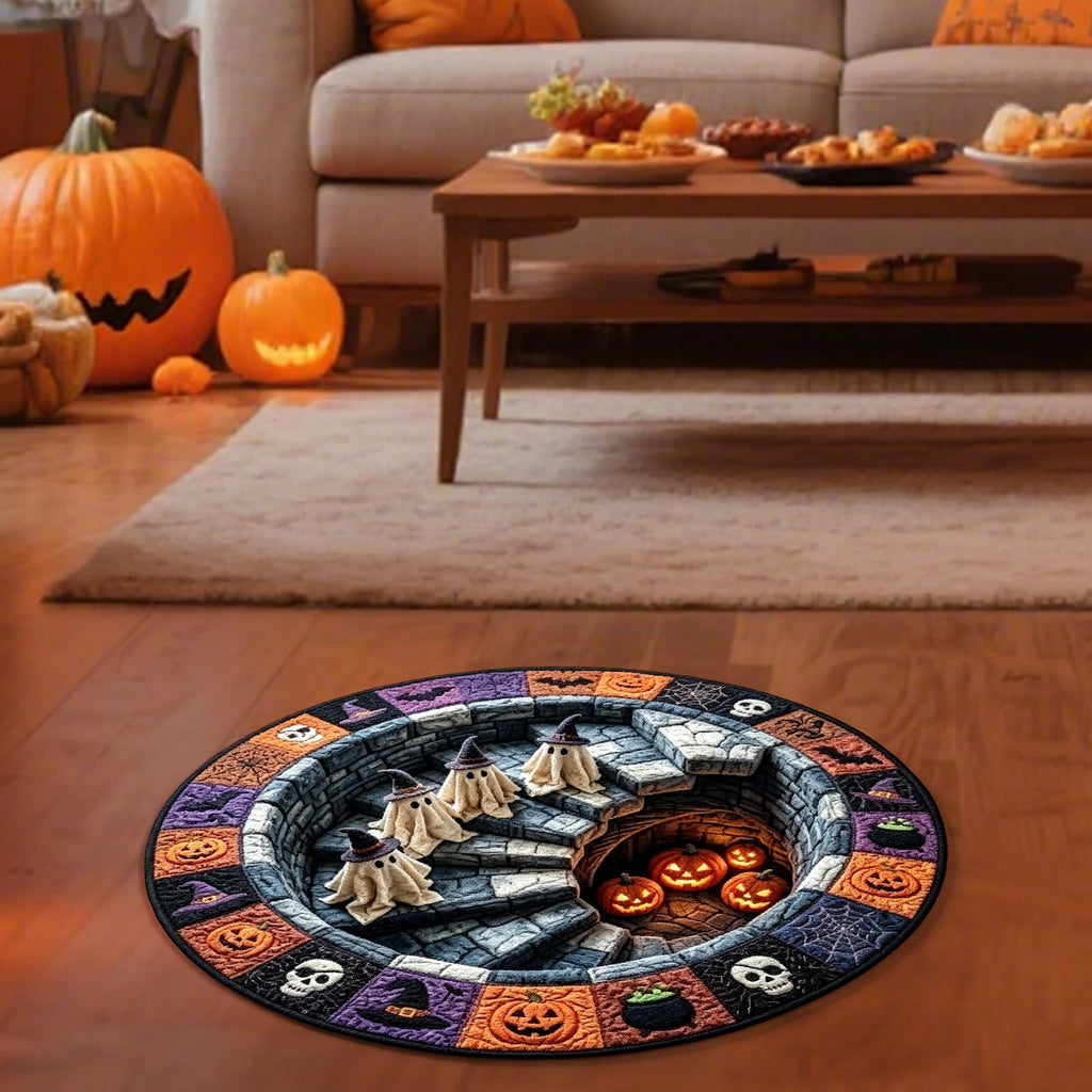 Halloween Round Rug 50cm Optical Illusion, Spooky Ghost Pumpkin Skull Mat, Non-Slip Entryway Bedroom Doormat for Home Party Floor Decor