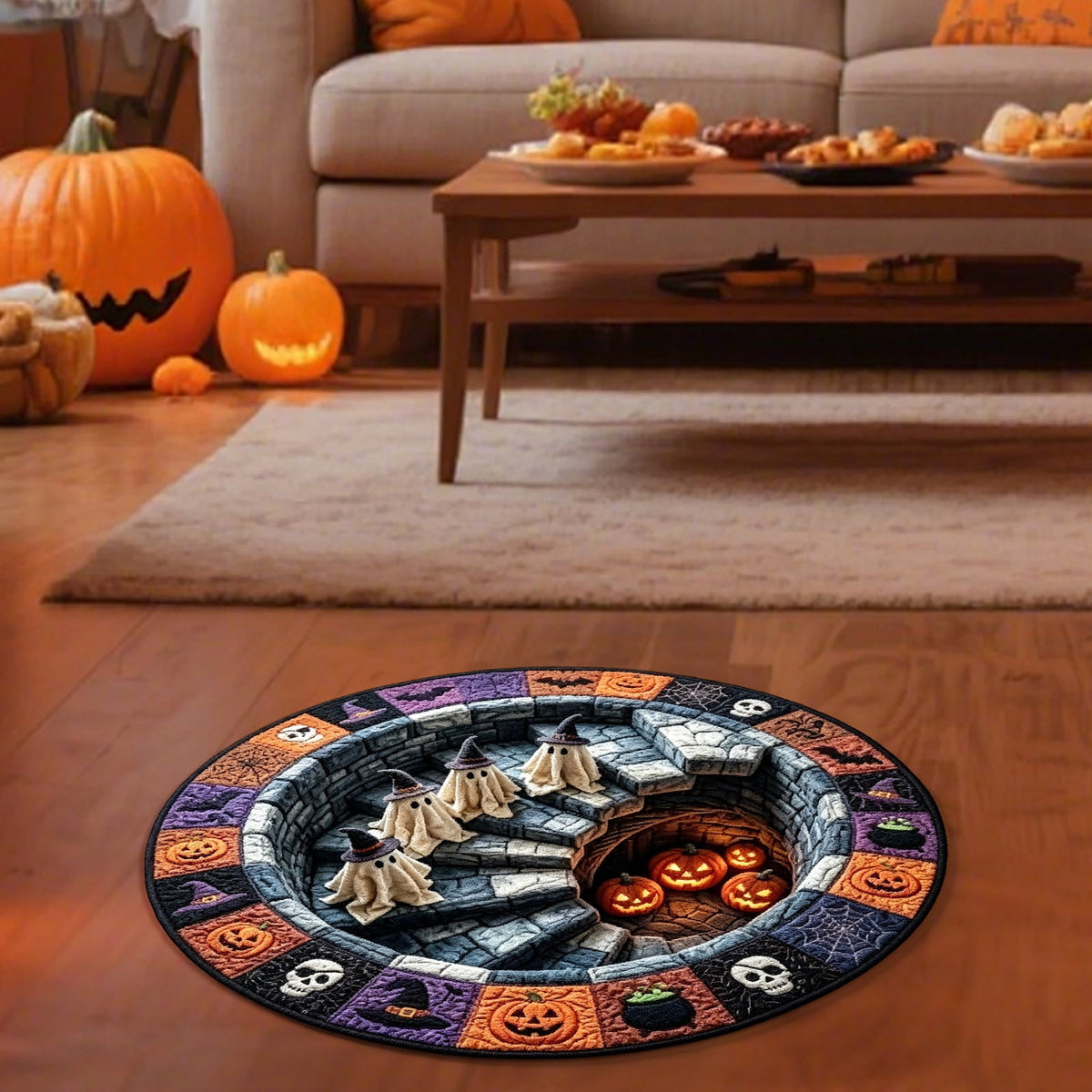 3D Halloween Rug,Halloween Quilted Round Rug 3D Illusion,Soft & Durable Fabric Non-Slip Modern Home Decor,15.7in