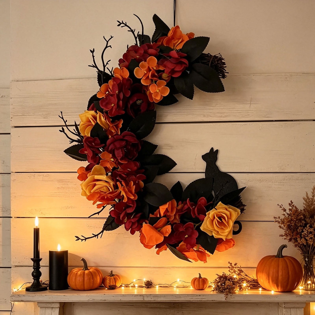 Gcvizuso Halloween Wreath with LED Light String, Purple Rose Black Crow Oval Spooky Twig Wreath for Front Door Window Fireplace Decor