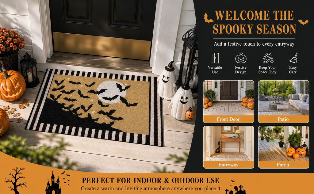 Dpityserensio Halloween Doormat Black Bat and Moon with Striped Border Non-Slip Washable Indoor Outdoor Rug, Vintage Fall Decor