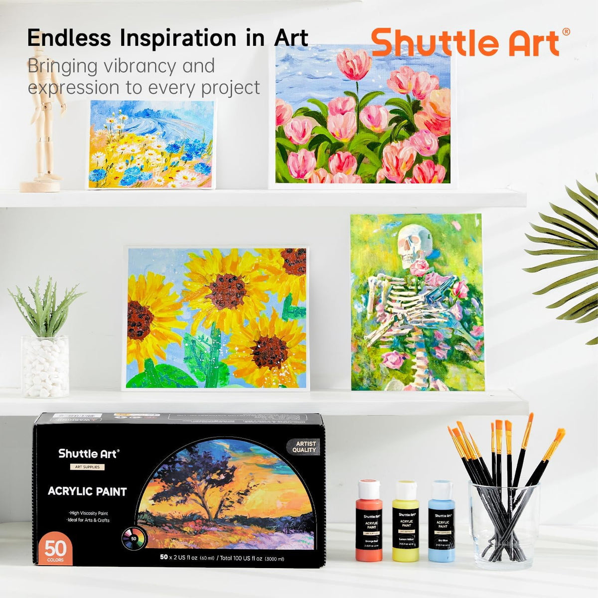 Acrylic Paint, Shuttle Art 50 Colors Acrylic Paint Set, 2oz/60ml Bottles, Rich Pigmented, Water Proof, Acrylic Paints for Artists, Beginners on Canvas Rocks Wood Ceramic Fabric