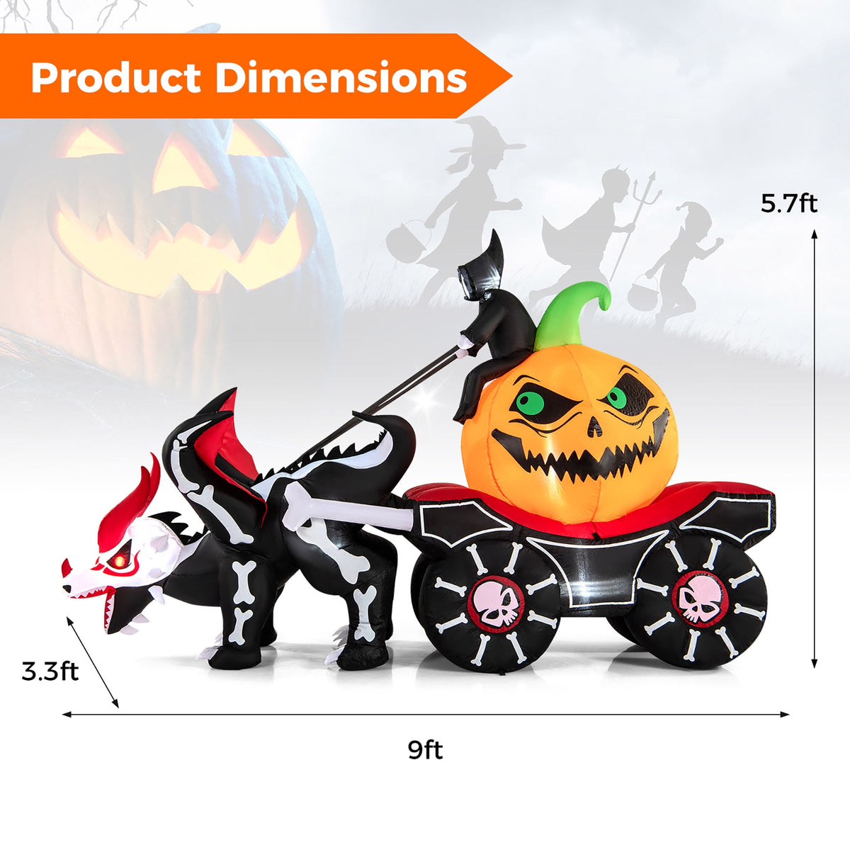 Gymax 9 FT Long Halloween Inflatable Decoration Grim Reaper Driving Pumpkin Carriage