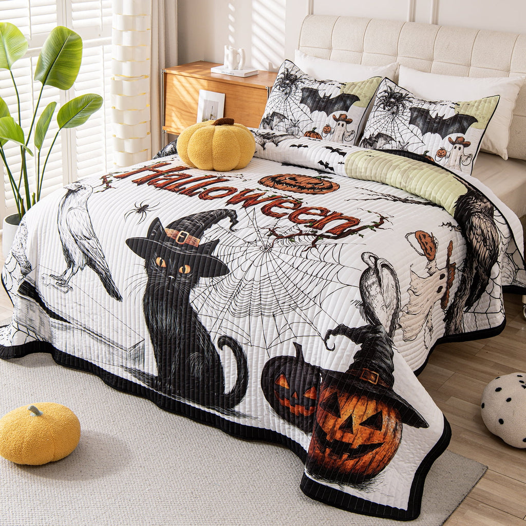 Evenhug Halloween Quilt Set,3-Piece Queen Size Bat Crow Pumpkin Halloween Themed Bedding Set Reversible Coverlet Set with 2 Pillow Shams