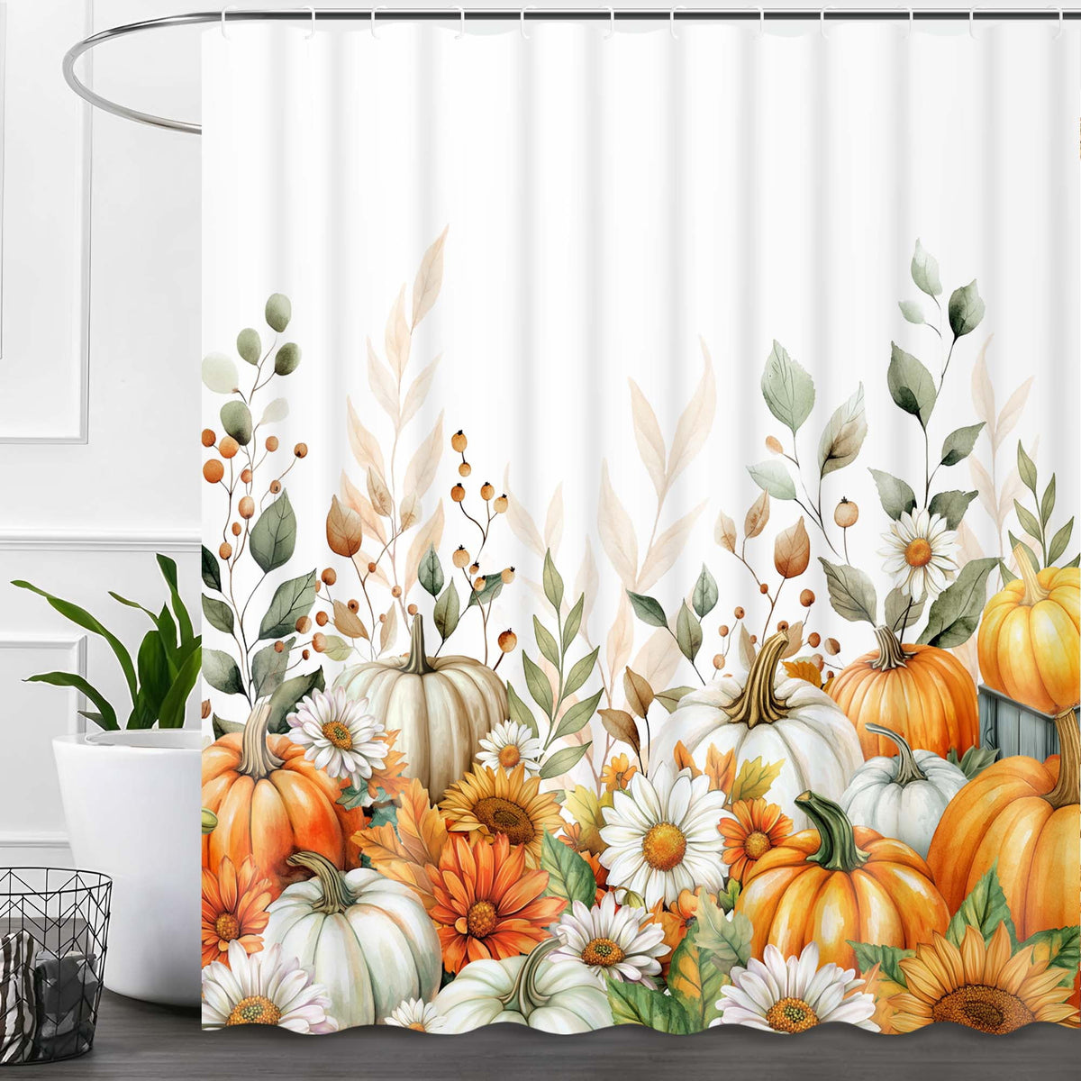 Ikfashoni Fall Shower Curtain with Hooks, Fall Decor for Home, Buffalo Plaid Pumpkin Waterproof Bathroom Curtains, 72"X72"