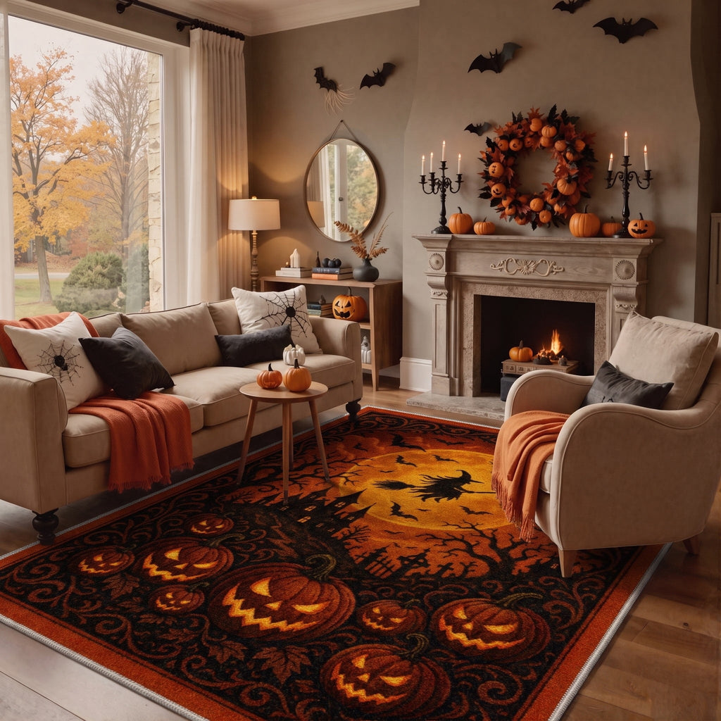GENIMO 2'x7' Halloween Runner Rug, Washable Non Slip Soft Gothic Raven Indoor Outdoor Hallway Runner for Porch Patio Kitchen Entryway, Rust Orange