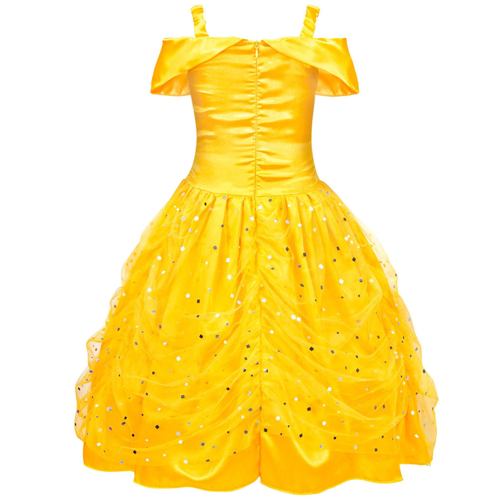 Jurebecia Princess Dress for Girls Costume Kids Off Shoulder Layered Toddler Halloween Cosplay Birthday Party Outfit up Yellow 120 cm 5-6 Years