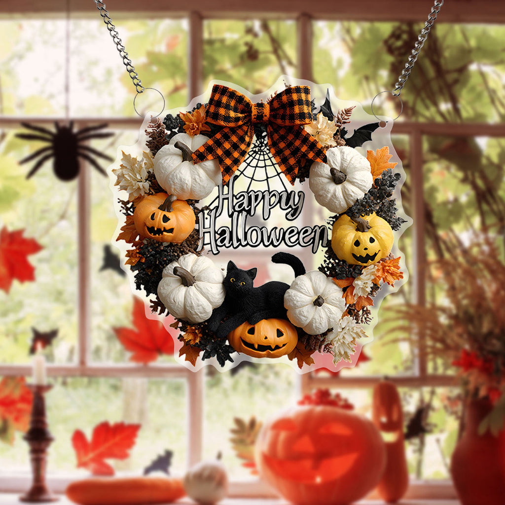 Btomtd Diameter 8" Pumpkin Skull Wreath Halloween Decor Acrylic Round Disk Hanging Ornament with Garland for Front Door Window, B