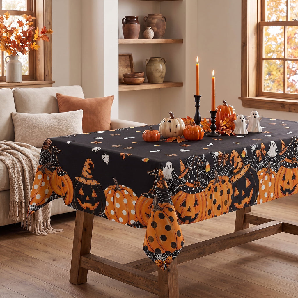 Sm:)e Spooky Ghost Pumpkin Spider Web Halloween Tablecloth 60x84 Inch, Wrinkle-Resistant & Machine Washable Table Cover for Dining Decor, Rectangle