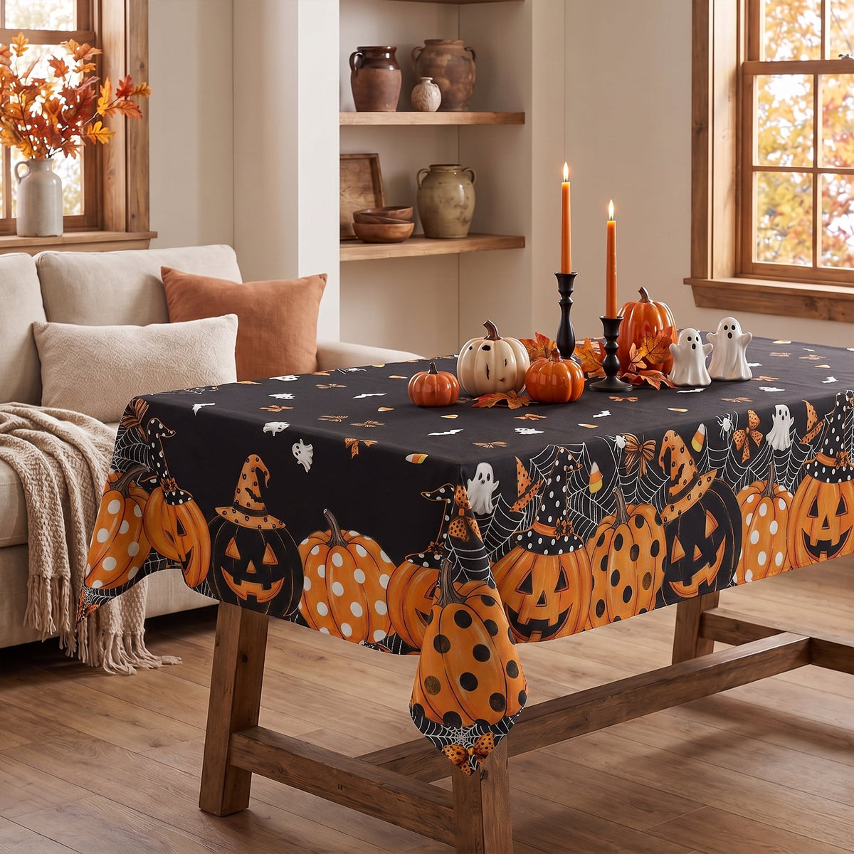 Sm:)e Ghost Bat Pumpkin Spider Web Halloween Tablecloth 60x84 Inch, Wrinkle-Resistant & Machine Washable Table Cover for Dining Decor, Rectangle