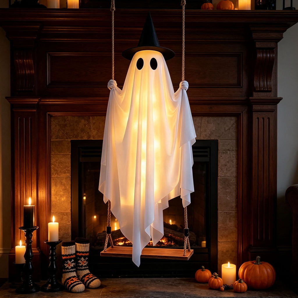 Cloth Hanging Swing Ghost Halloween Outdoor Decor,Remote Controlled LED Lighted Floating Ghost Ornament With 8 Lighting Modes For Porch Tree Yard Seasonal Holiday Display,Total Length 120.4 in.A