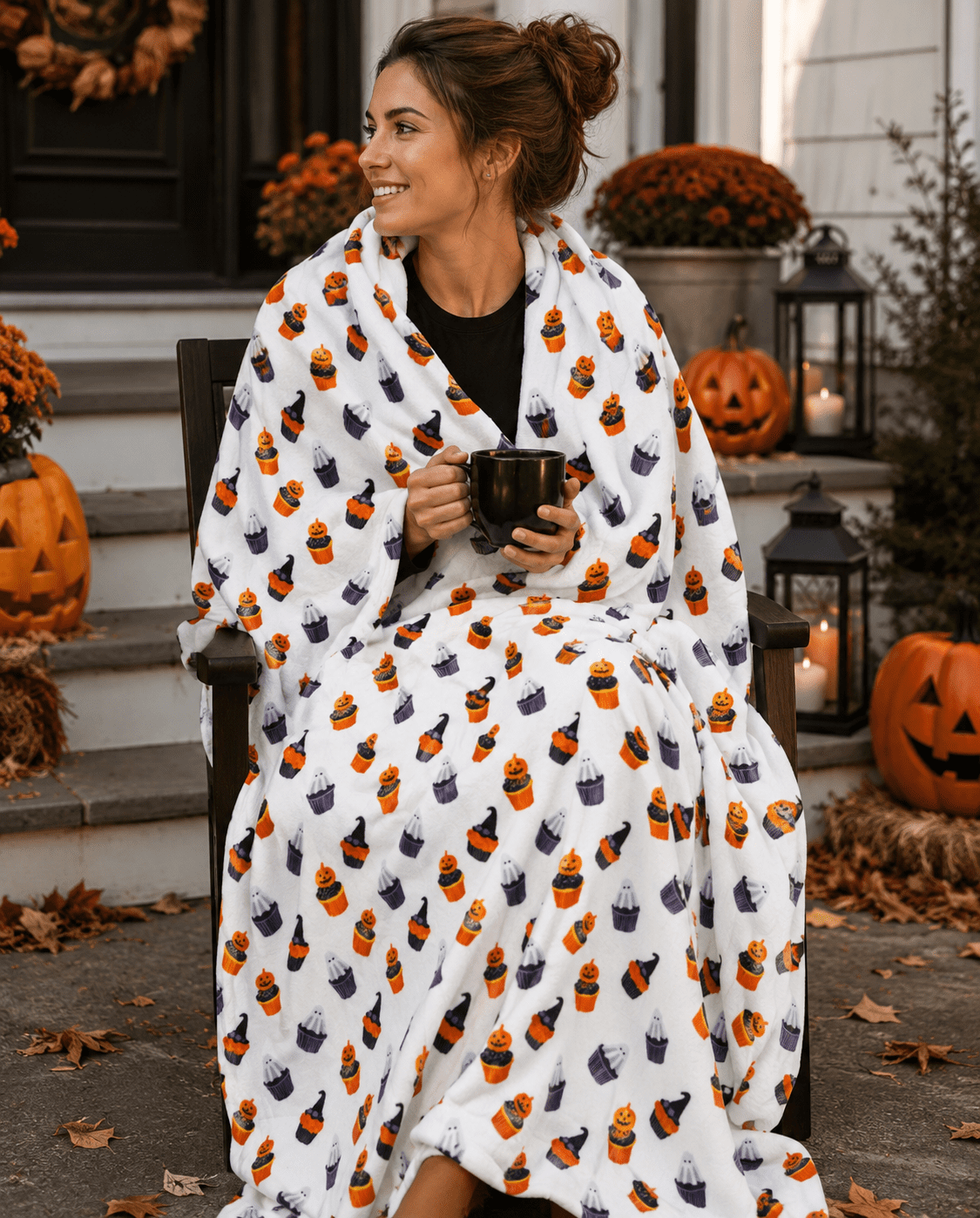 Serafina Home Halloween Throw Blanket: Fuzzy Boo! Jack O'Lantern Spider Webs Skull and Black Cats Print on Velvet Fleece for Sofa Bed Couch Chair Dorm