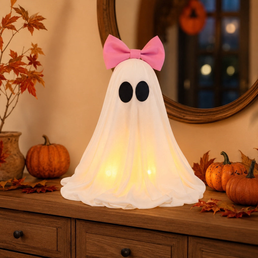 Pink Halloween Decor Ghost Candy Bowl Figurine with Bow and Scalloped Holder for Indoor Tabletop Decor and Party Favor Display