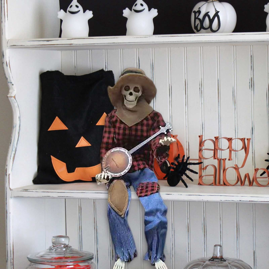 Halloween Animatronics Banjo Skeletons Decorations, Animated Skull with Sound Activated, Funny Voice, Light Up Eyes, Playing Musical Halloween Prop Decor for Indoor, Outdoor, Yard Lawn(Yellow)