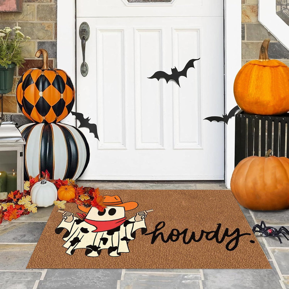 Halloween Doormat Coir Door Mat Howdy Ghosts Happy Halloween Door Mat Indoor Outdoor Front Door Mat Non-Slip Rubber Back Funny Door Mats Low Profile Machine Washable