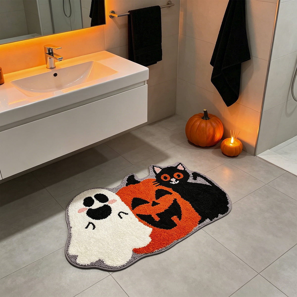 Halloween Doormat Ghost Bath Mat 23.6x15.7in Secure-Grip Absorbent Soft Faux Fur Rug for Bathroom Bedroom Living Room Decor by OVFUIZ