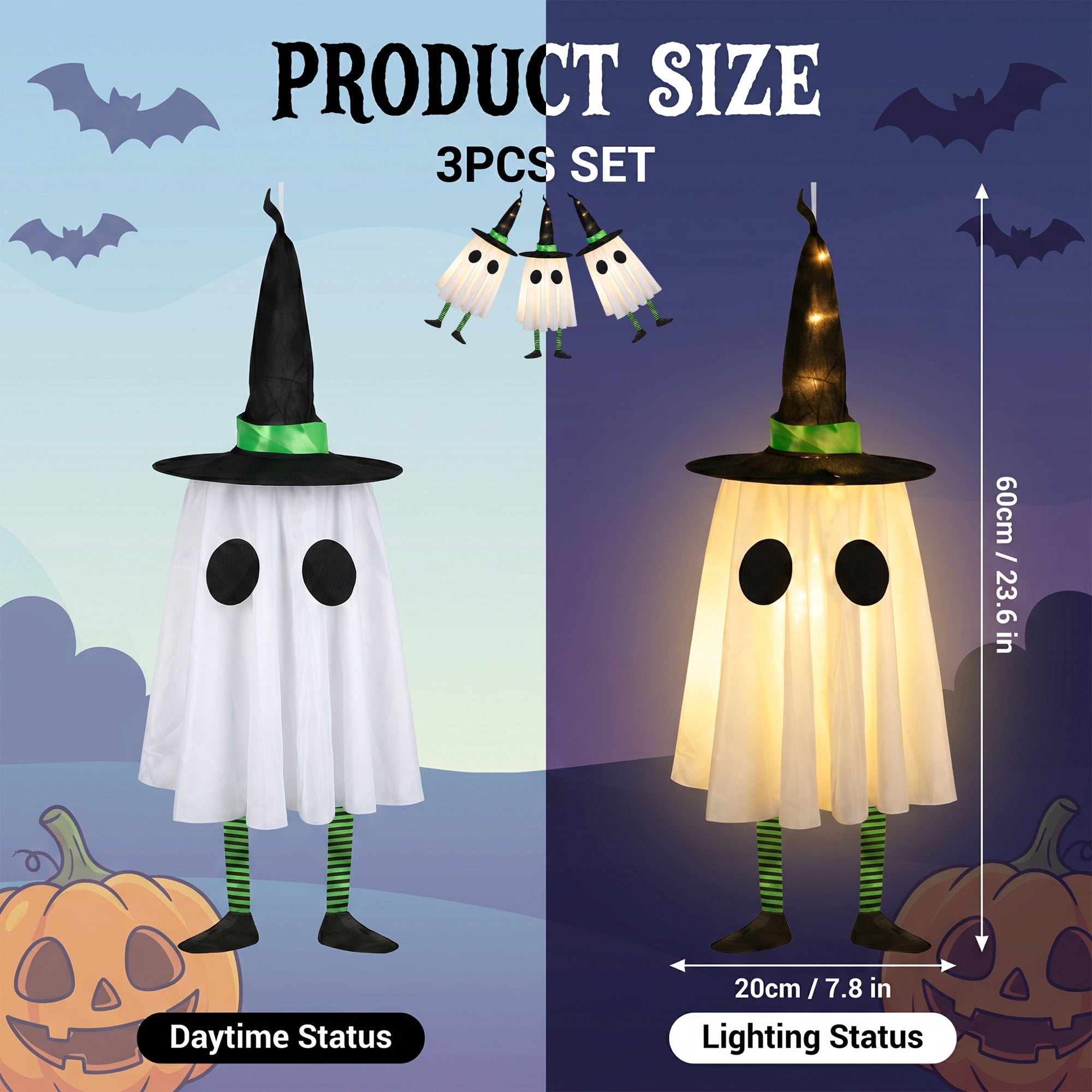 DAYBETTER 3 Pack Halloween Hanging Ghosts Light Up Decor, LED Ghost with Witch Hat Cute Lighted Ornaments for Indoor Outdoor Yard Patio Porch Tree Spooky Decor Gifts