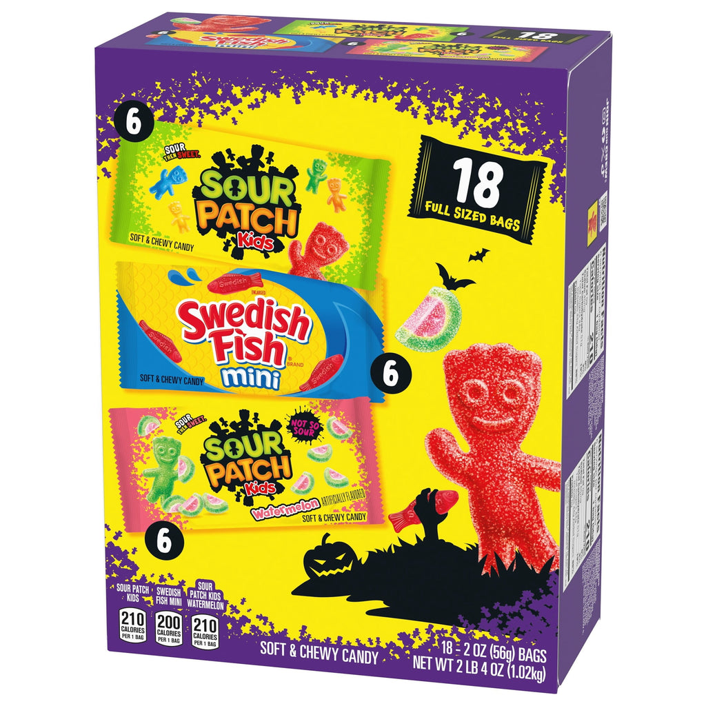 SOUR PATCH KIDS and SWEDISH FISH Mini Soft & Chewy Halloween Candy Variety Pack, 18 Snack Packs