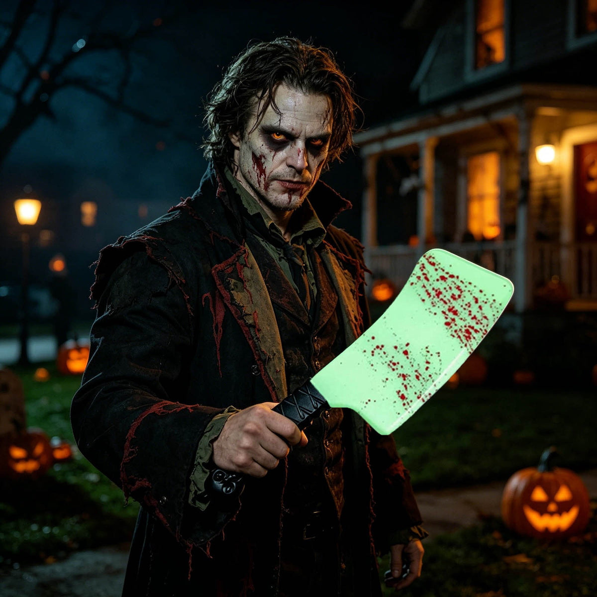 Glow in the Dark Plastic Bloody Cleaver Prop, Realistic Fake Horror Knife Costume Accessory for Halloween Party Haunted House Cosplay Decor