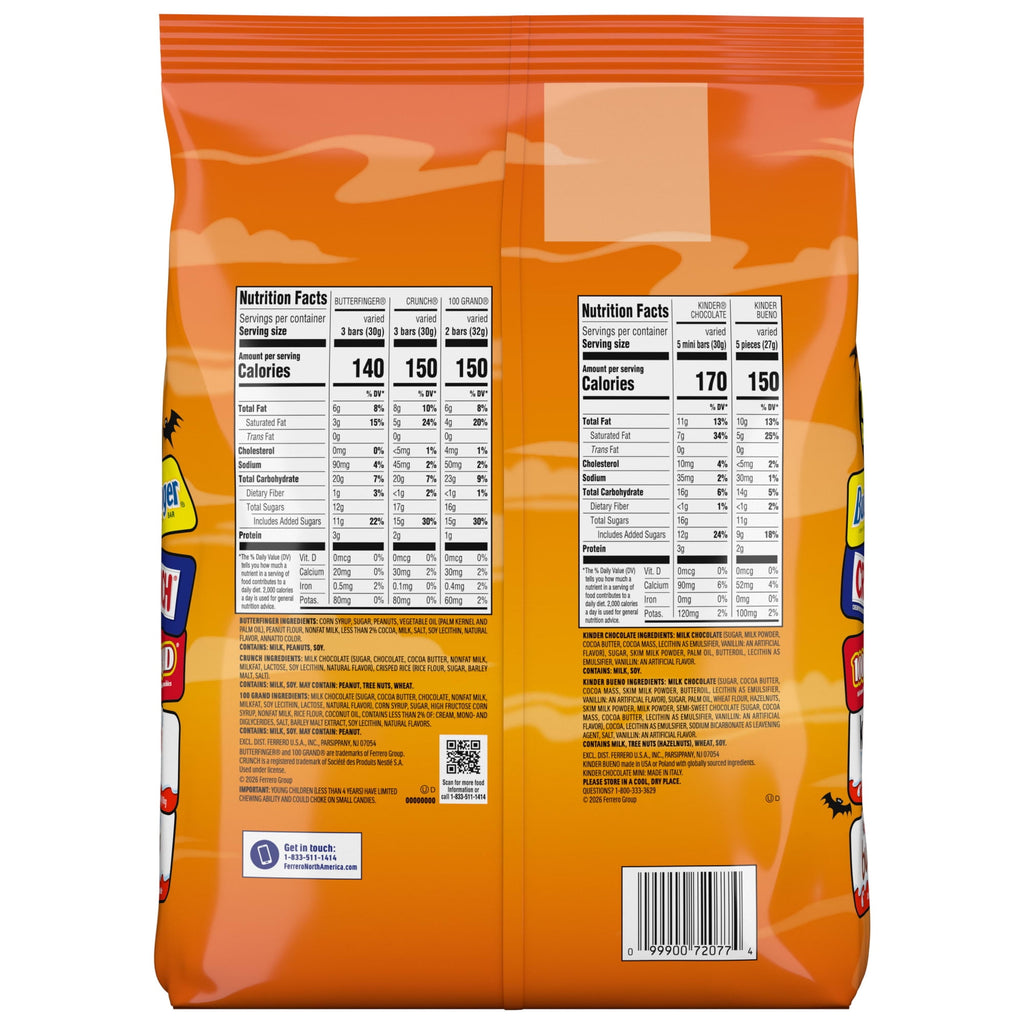 Butterfinger, CRUNCH, 100 Grand, Kinder Bueno, Kinder Chocolate, Minis Assorted Halloween Candy Bag, 100 Count, 32.2 oz