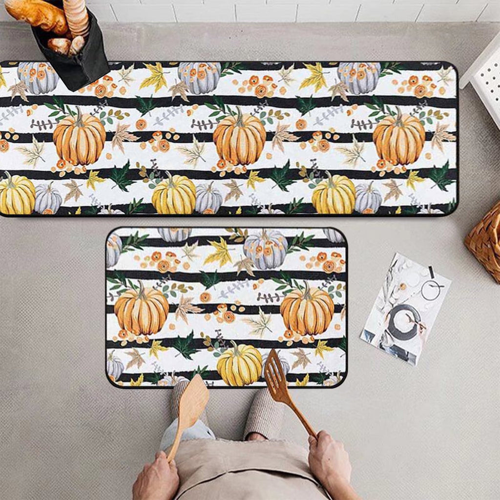 Decorative Kitchen Floor Mats Set of Two, Fall Theme Pumpkin Turkey Pattern Kitchen Rugs and Mats for Outdoor Indoor Kitchen Decor Halloween Thanksgiving Non-Slip Doormat