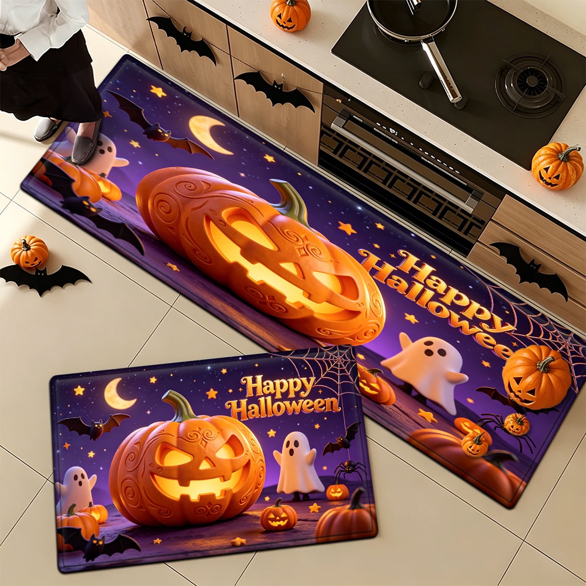 YIMEIS Halloween Pumpkin Lantern 3Pcs Flannel Mat & Kitchen Rugs Set,16''×24'' 20''×30'' 17''×47'' Inches,Soft Non-slip for Home Bathroom